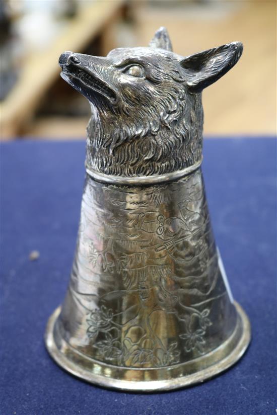 A 1920s continental silver fox head stirrup cup, import marks for Neresheimer & Co, London, 1925, 5.9oz